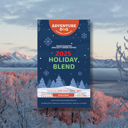 Adventures Dog Coffee Company 2025 Holiday Blend package with a winter landscape background