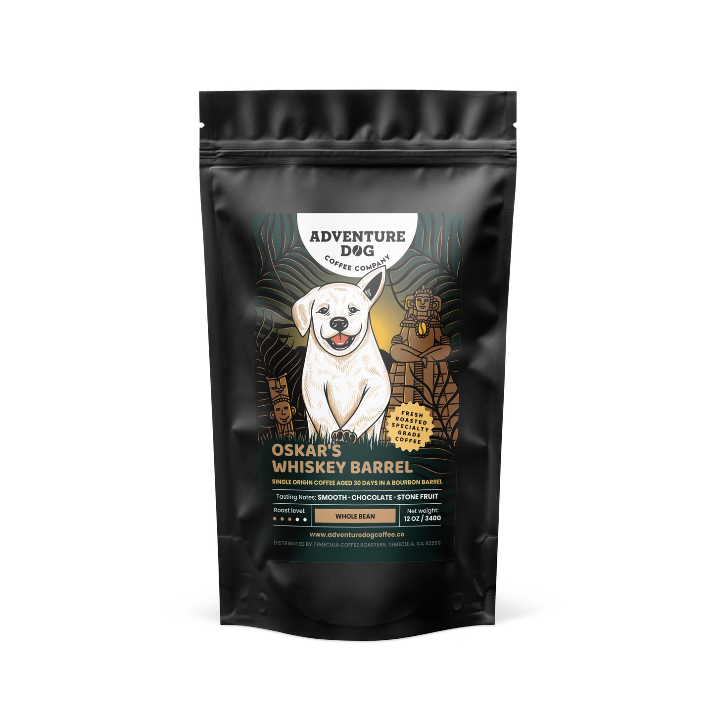Adventure Dog Coffee Co.'s Oskar the Golden Retriever on the label of specialty-grade Whiskey Barrel-Aged Coffee, medium-roasted to capture complex bourbon flavors and natural coffee notes, delivering aromas of bourbon, chocolate, and subtle hints of fruit.