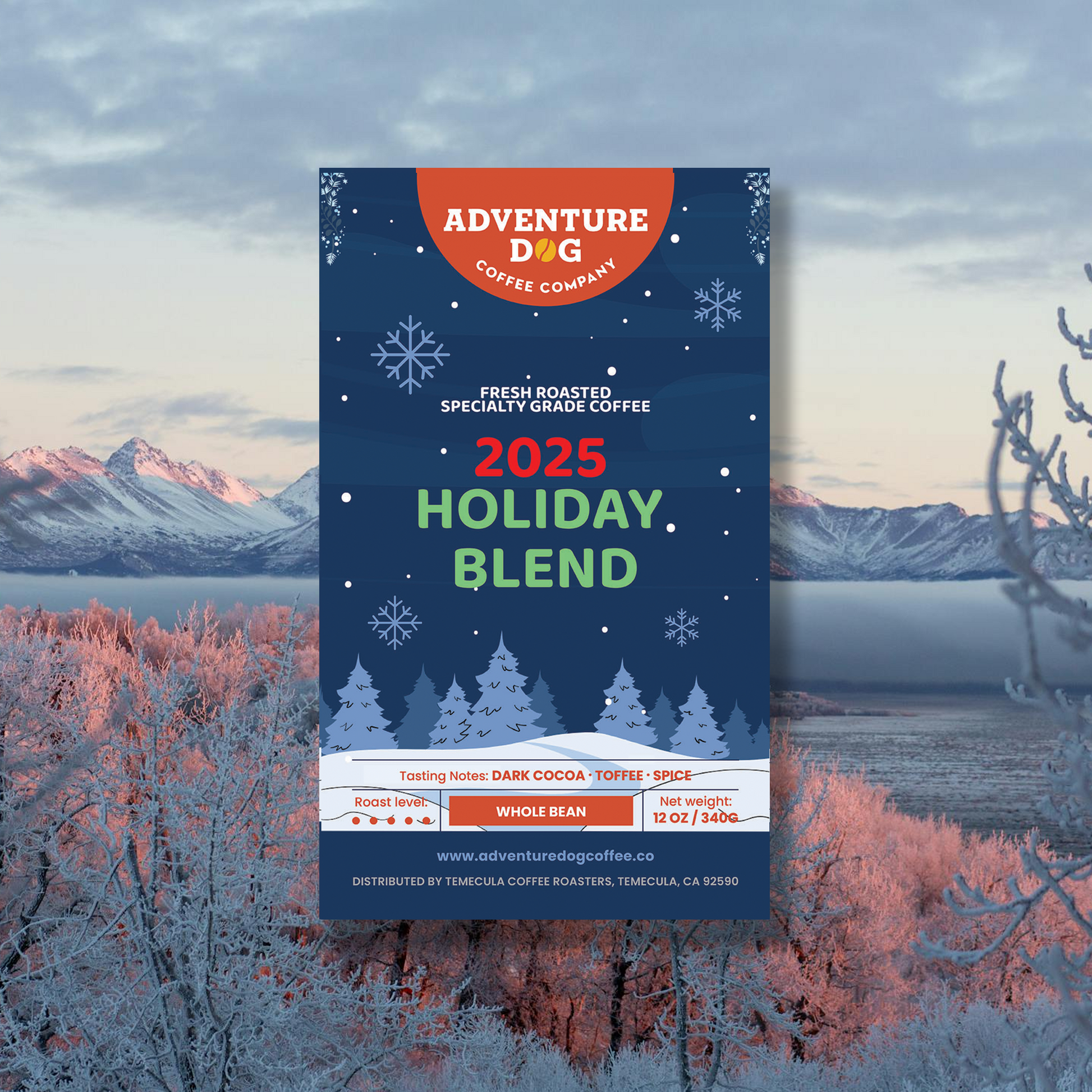Adventures Dog Coffee Company 2025 Holiday Blend package with a winter landscape background