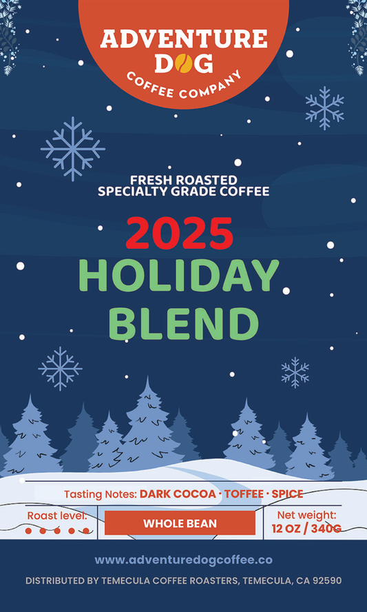 Adventures Dog Coffee Company 2025 Holiday Blend packaging with winter scene and coffee details.
