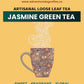 Jasmine Green Tea | Artisanal Loose Leaf label. Flavor notes are sweet, fragrant, and floral. Ingredients: Green Tea and Jasmine Blossoms