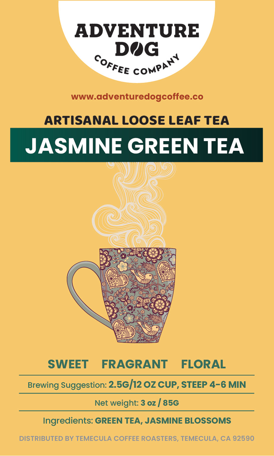 Jasmine Green Tea | Artisanal Loose Leaf label. Flavor notes are sweet, fragrant, and floral. Ingredients: Green Tea and Jasmine Blossoms
