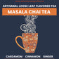 Masala Chai Tea | Artisanal Loose Leaf label. Flavor notes are cardamom, cinnamon, and ginger.