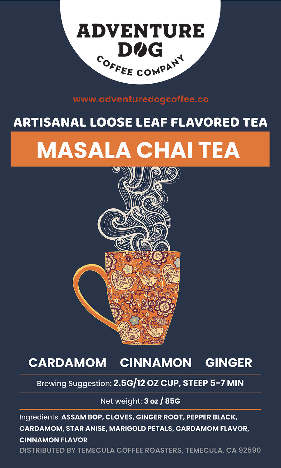 Masala Chai Tea | Artisanal Loose Leaf label. Flavor notes are cardamom, cinnamon, and ginger.