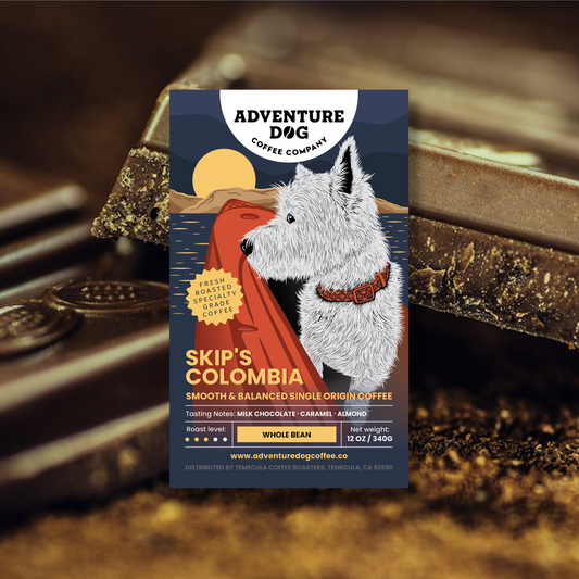 Skip's Single Origin Coffee label over a background of delicious almond milk chocolate