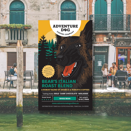 A vertical coffee label/poster for Adventure Dog Coffee Company stands outdoors in front of a canal-side building. The poster features a large illustrated dog face on a black background with yellow, teal, green, and brown graphic elements and text reading 'Bear's Italian Roast Blend' and 'Whole Bean'.