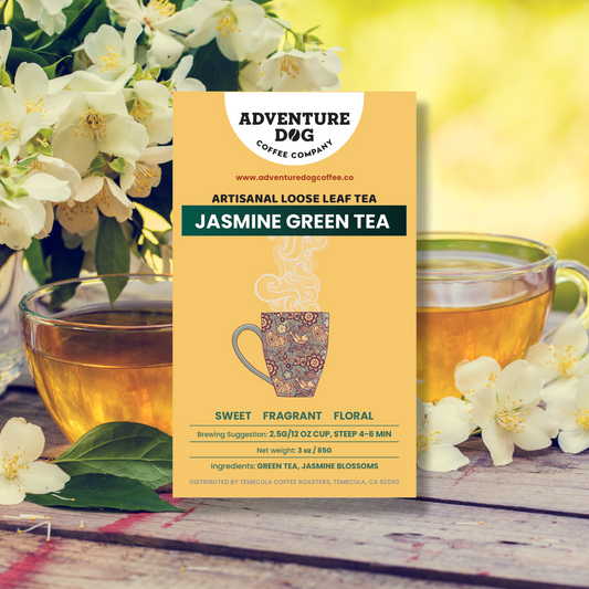 Jasmine Green Tea | Artisanal Loose Leaf label on background of two tea mugs with jasmine flowers.. Flavor notes are sweet, fragrant, and floral. Ingredients: Green Tea and Jasmine Blossoms