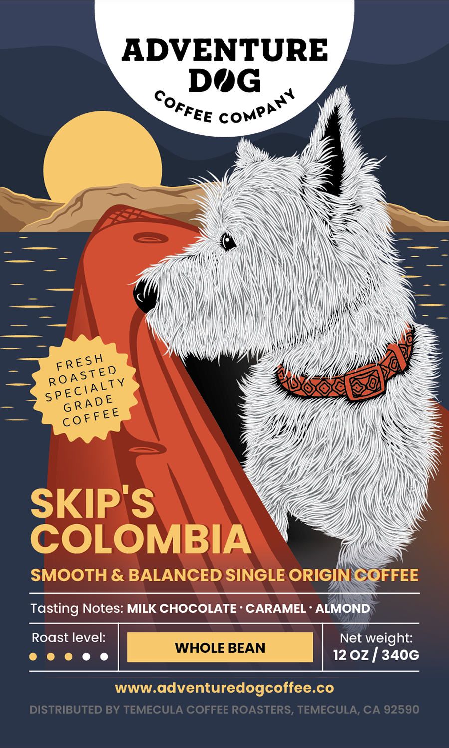 Skip's Single Origin Colombia coffee features a flavor profile of milk chocolate, caramel, and almond