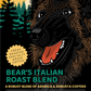 Coffee package design for Adventure Dog Coffee Company's Bear's Italian Roast Blend, featuring a stylized illustration of a German Shepherd on a black background with yellow, teal, and orange graphic elements and product details.