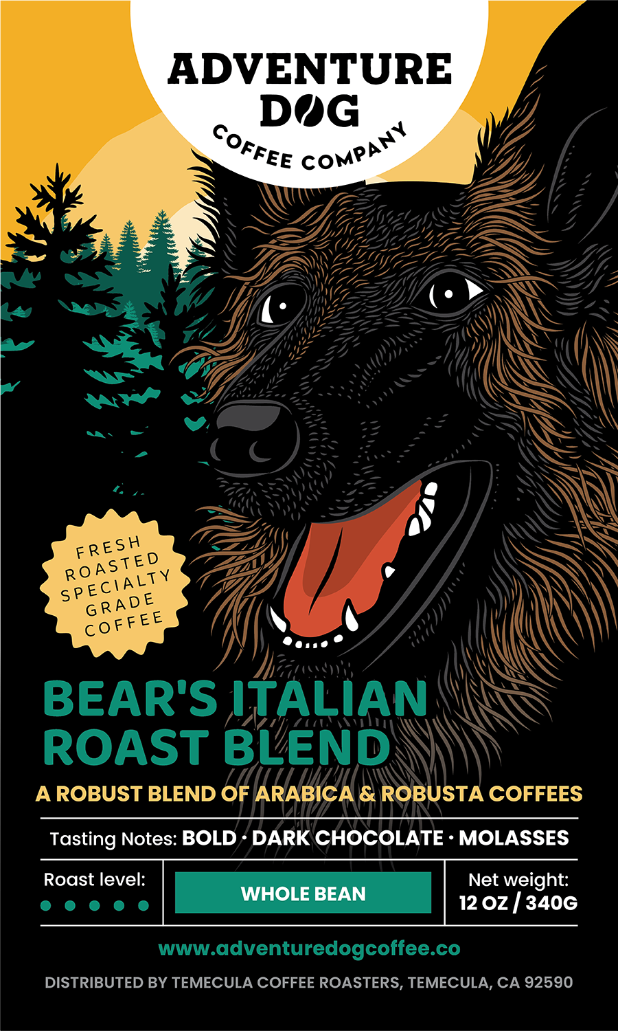 Coffee package design for Adventure Dog Coffee Company's Bear's Italian Roast Blend, featuring a stylized illustration of a German Shepherd on a black background with yellow, teal, and orange graphic elements and product details.