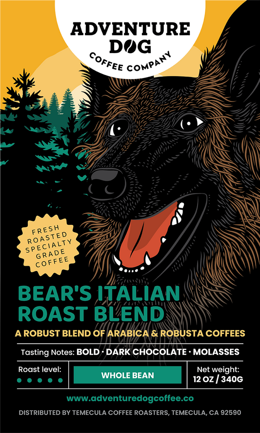 Coffee package design for Adventure Dog Coffee Company's Bear's Italian Roast Blend, featuring a stylized illustration of a German Shepherd on a black background with yellow, teal, and orange graphic elements and product details.