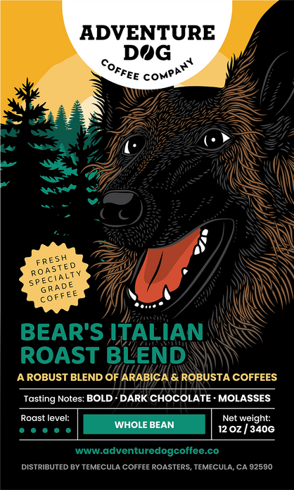 Coffee package design for Adventure Dog Coffee Company's Bear's Italian Roast Blend, featuring a stylized illustration of a German Shepherd on a black background with yellow, teal, and orange graphic elements and product details.