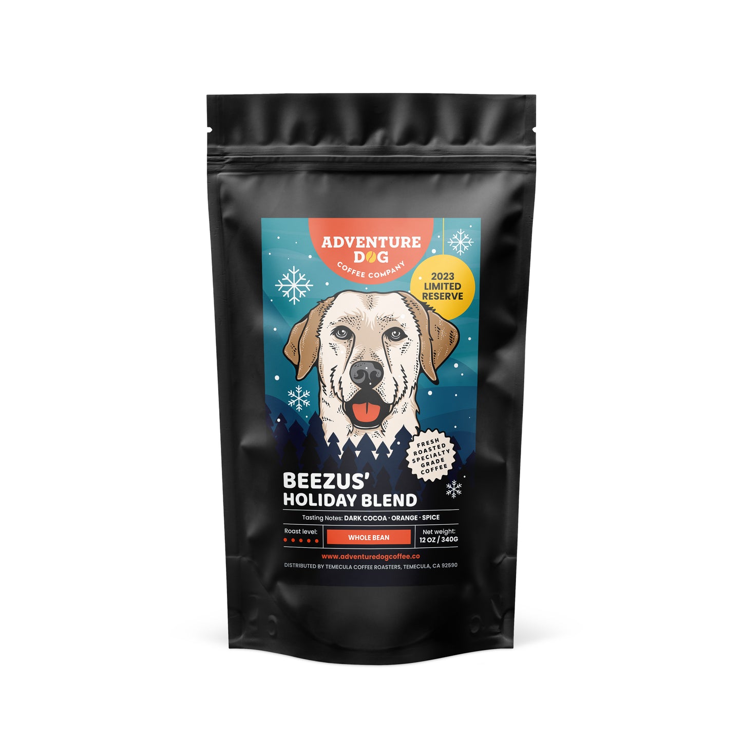 Beezus Holiday Blend 2023 Limited Reserve Coffee label. Featuring an illustration of Seeing Eye dog Beezus. Tasting notes of dark cocoa, orange, and spice.