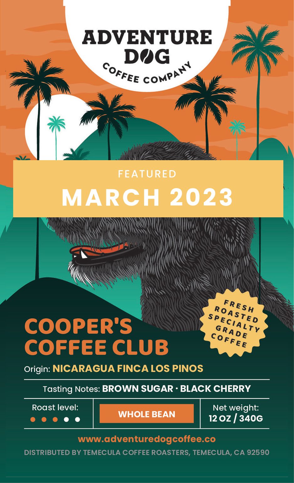 Nicaragua Nicaragua Finca Los Pinos: A bag of freshly roasted coffee beans with a label featuring an illustration of the terrier mix Cooper with a coffee farm in the background. This coffee is part of the Cooper's Coffee Club subscription service offered by Adventure Dog Coffee Co.Finca Los Pinos: A bag of freshly roasted coffee beans with a label featuring a scenic image of a coffee farm in Nicaragua. This coffee is part of the Cooper's Coffee Club subscription service offered by Adventure Dog Coffee Co.