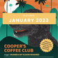 Uganda Mt Elgon Washed: A bag of freshly roasted coffee beans with a label featuring an illustration of the terrier mix Cooper with a coffee farm in the background. This coffee is part of the Cooper's Coffee Club subscription service offered by Adventure Dog Coffee Co.