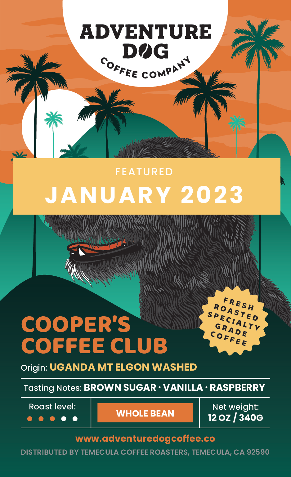 Uganda Mt Elgon Washed: A bag of freshly roasted coffee beans with a label featuring an illustration of the terrier mix Cooper with a coffee farm in the background. This coffee is part of the Cooper's Coffee Club subscription service offered by Adventure Dog Coffee Co.