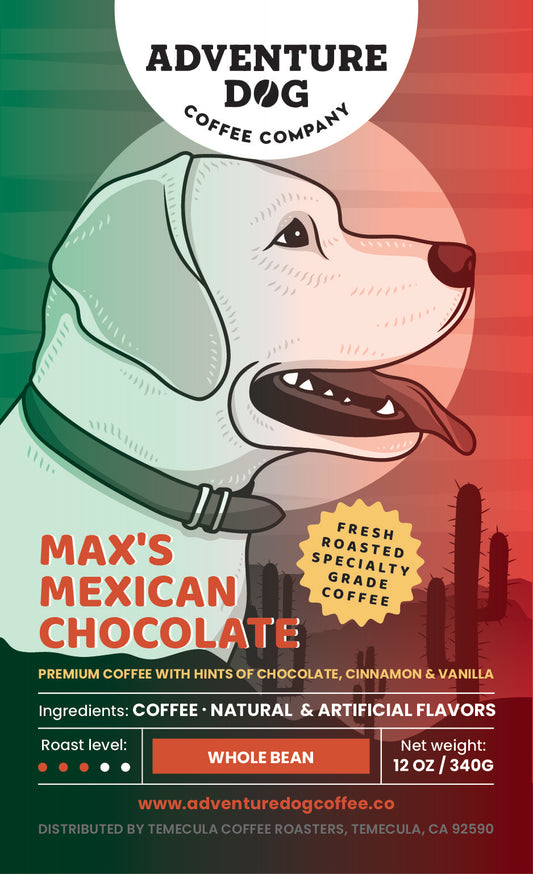 Adventure Dog Coffee Co.'s Max the Yellow Labrador Retriever featured on the label of Max's Mexican Chocolate, a medium roast Arabica coffee hand-flavored with chocolate, cinnamon, and vanilla oils, perfect as an after-dinner cordial.