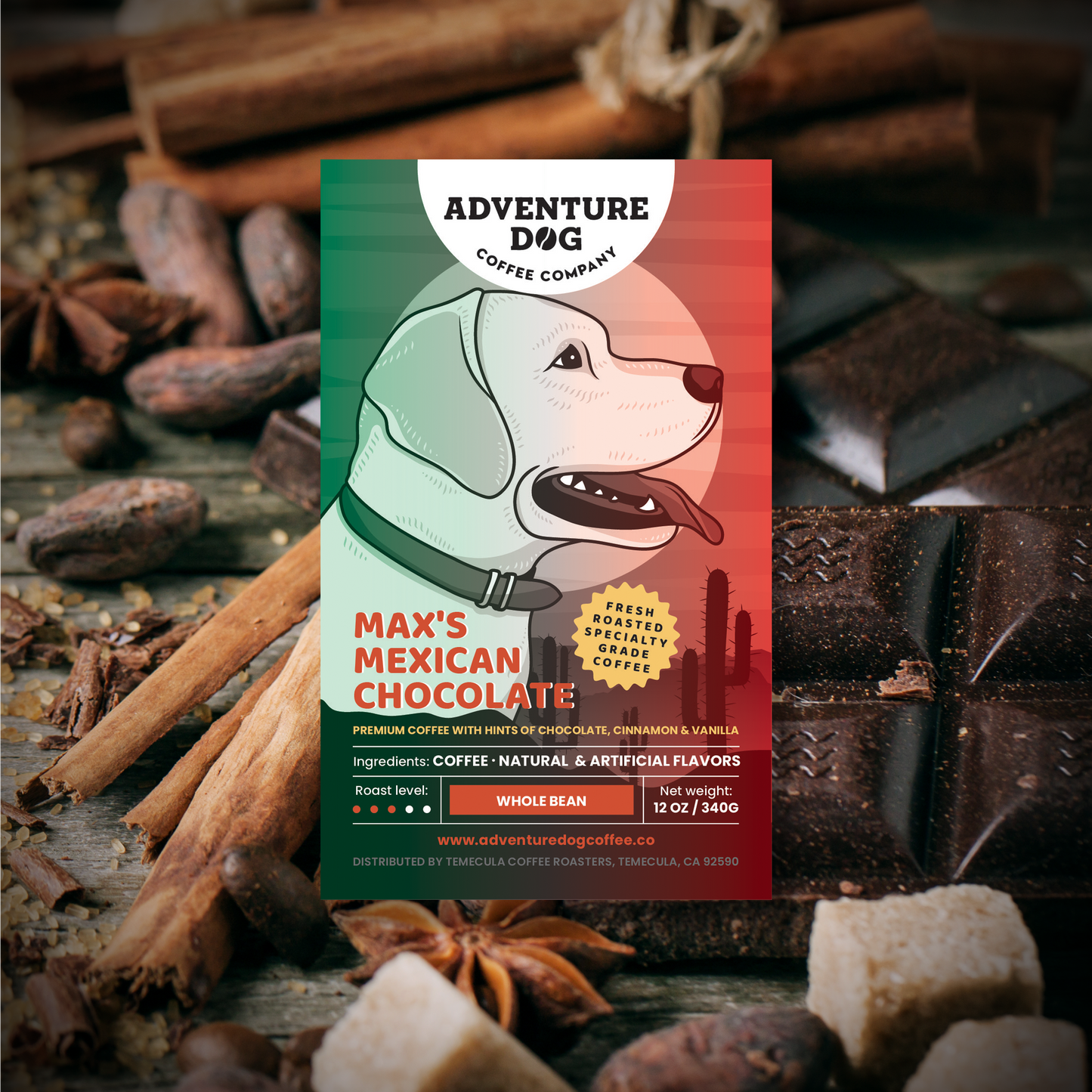 Adventure Dog Coffee Co.'s Max the Yellow Labrador Retriever featured on the label of Max's Mexican Chocolate, a medium roast Arabica coffee hand-flavored with chocolate, cinnamon, and vanilla oils, perfect as an after-dinner cordial.