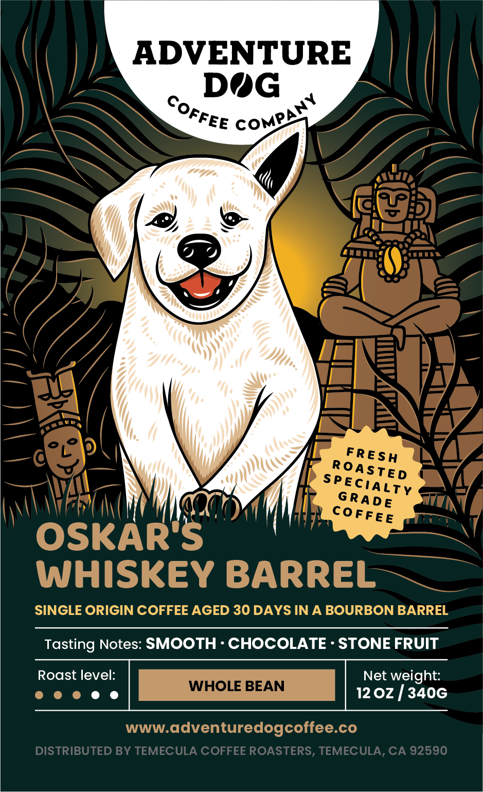 Adventure Dog Coffee Co.'s Oskar the Golden Retriever on the label of specialty-grade Whiskey Barrel-Aged Coffee, medium-roasted to capture complex bourbon flavors and natural coffee notes, delivering aromas of bourbon, chocolate, and subtle hints of fruit.